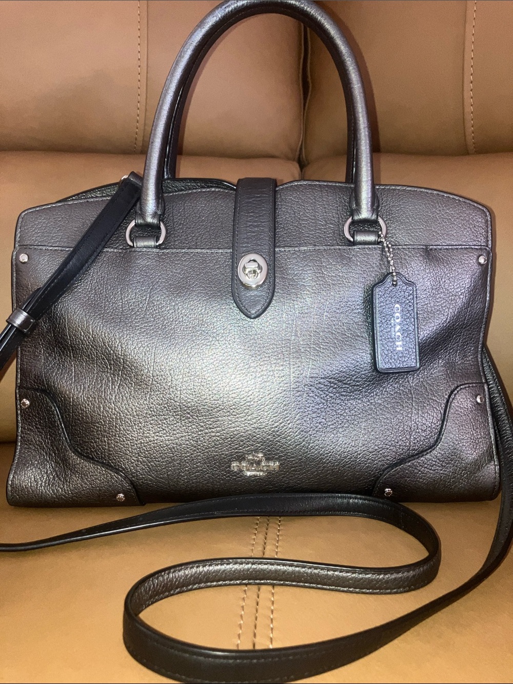 Coach Mercer Pewter Pebbled Leather Satchel w/Crossbody Strap/silver hardware
